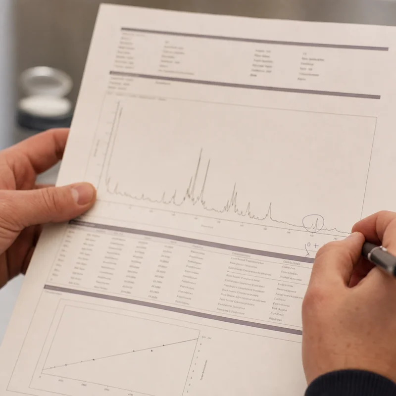 A printed scientific report being reviewed