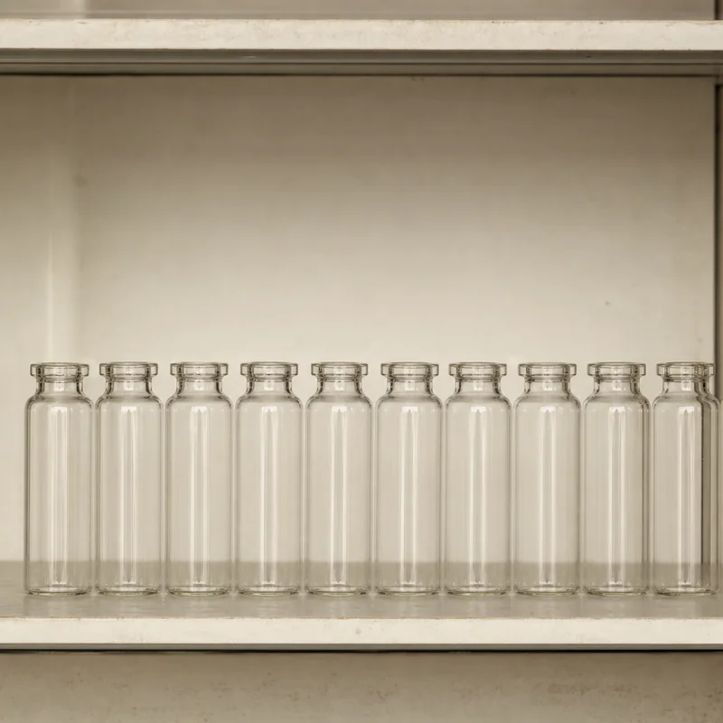 An unmarked glass vial on a printed document